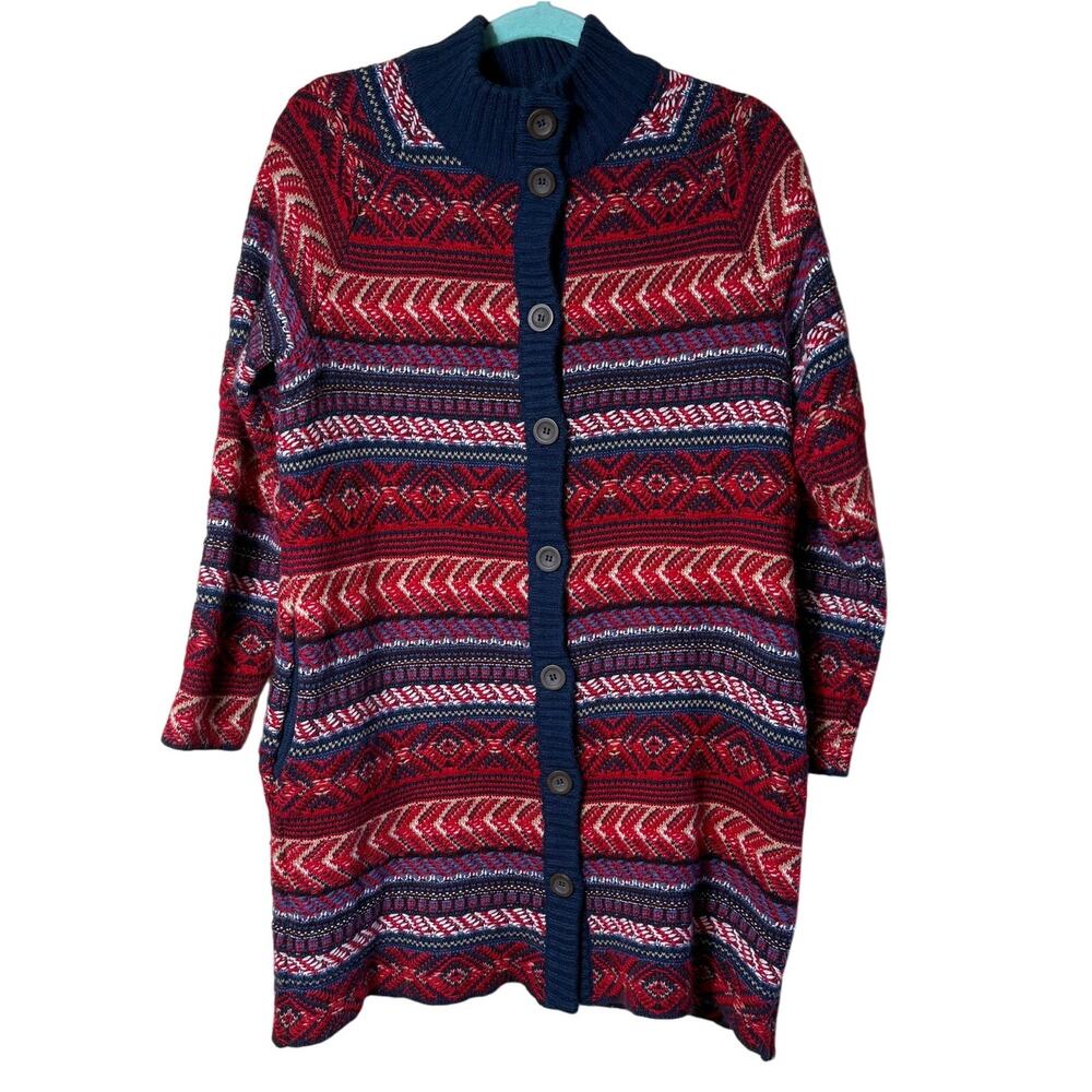 St Johns Bay Fair Isle Long Line Cardigan SZ M Red Blue Tan Cozy Warm Winter